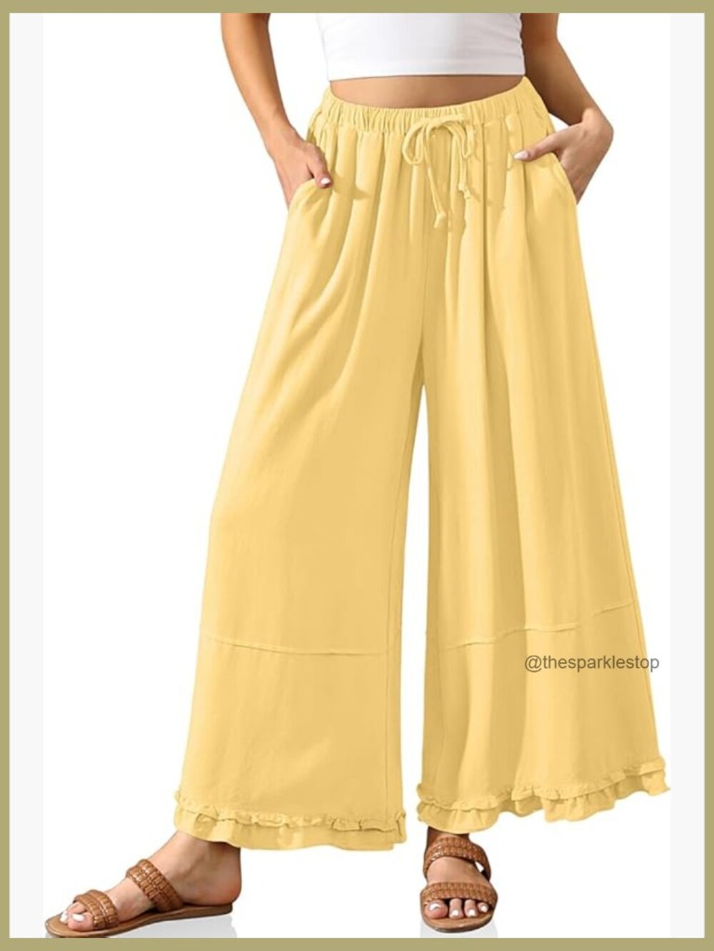Linen Wide Leg Palazzo Pants Ruffle Hem Drawstring Casual Pockets
